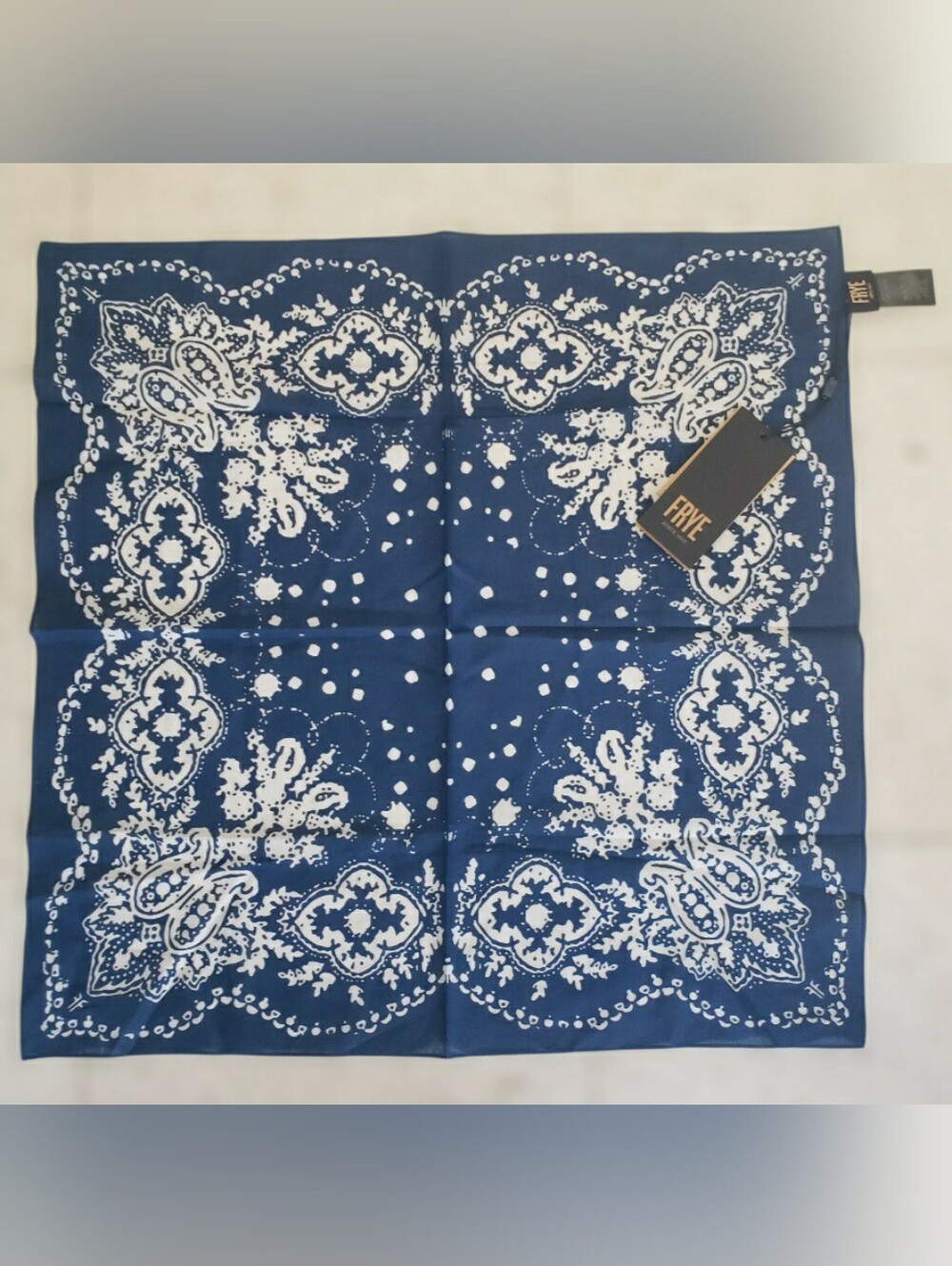 Frye Bandana featuring a blue and white paisley design.-NWT